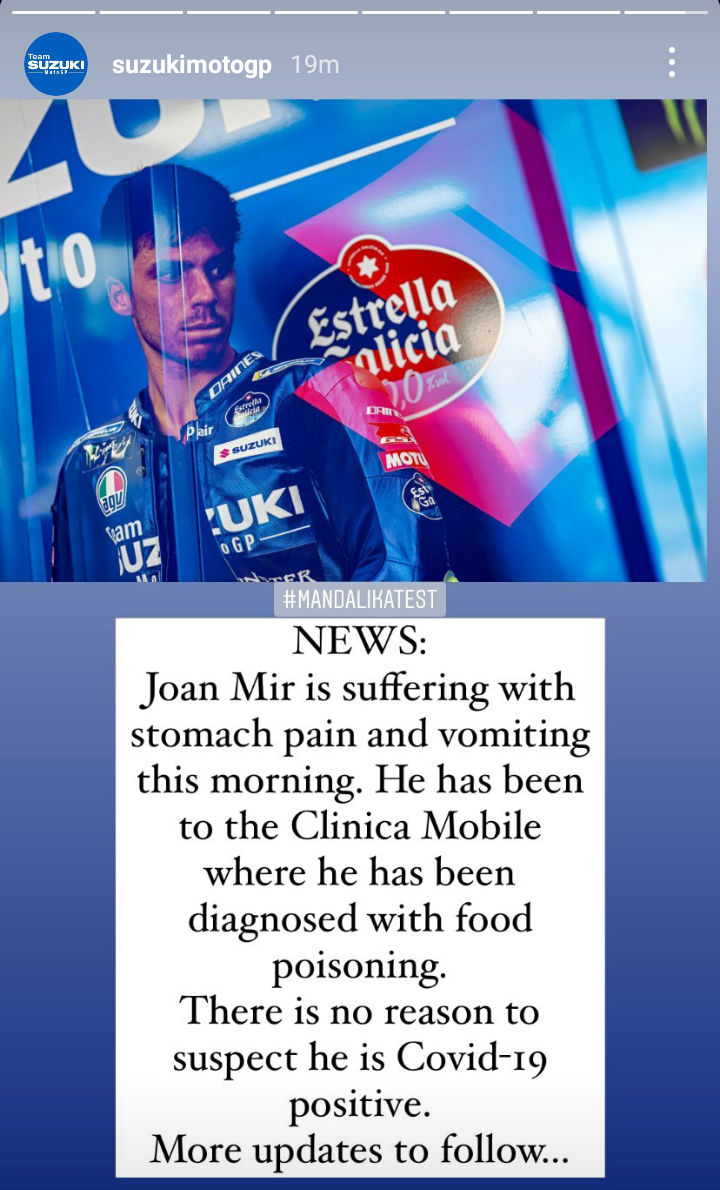 Joan Mir absen di hari terakhir tes pramusim MotoGP Mandalika 2022, diduga karena keracunan makanan, ini pernyataan Suzuki Ecstar.
