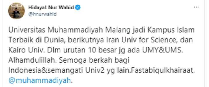 Tangkapan layar unggahan Hidayat Nur Wahid. 
