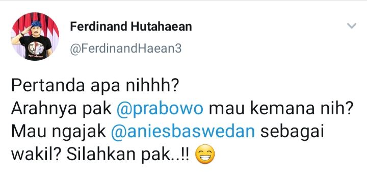 Cuitan Ferdinand Hutahaean yang menanggapi soal pernyataan Menhan RI, Prabowo Subianto.