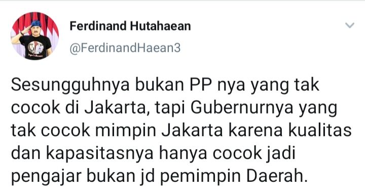Cuitan Ferdinand Hutahaean yang menyangkal pernyataan Anies Baswedan yang sebut PP Nomor 36 Tahun 2021 tidak cocok diterapkan di DKI Jakarta.