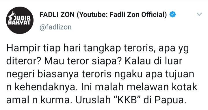 Cuitan Fadli Zon yang merespons soal Densus 88 yang menangkap tiga terduga teroris di daerah Jawa Timur.