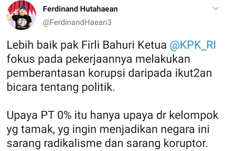 Cuitan Ferdinand Hutahaean yang kritik Firli Bahuri usai mendukung presidential threshold 0 persen.