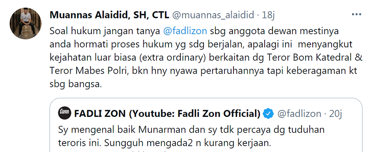 Cuitan Muannas Alaidid menanggapi cuitan Fadli Zon.