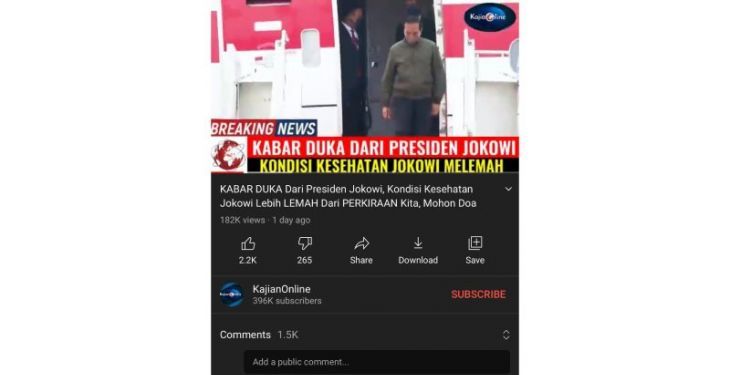 Tangkapan layar konten yang menyebut kondisi Presiden Jokowi melemah.