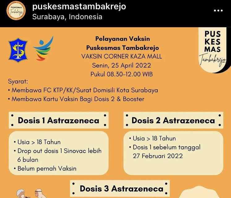 Puskesmas Tambakrejo, bersama dengan Kaza Mall Surabaya melaksanakan vaksinasi pada Senin, 25 April 2022. 