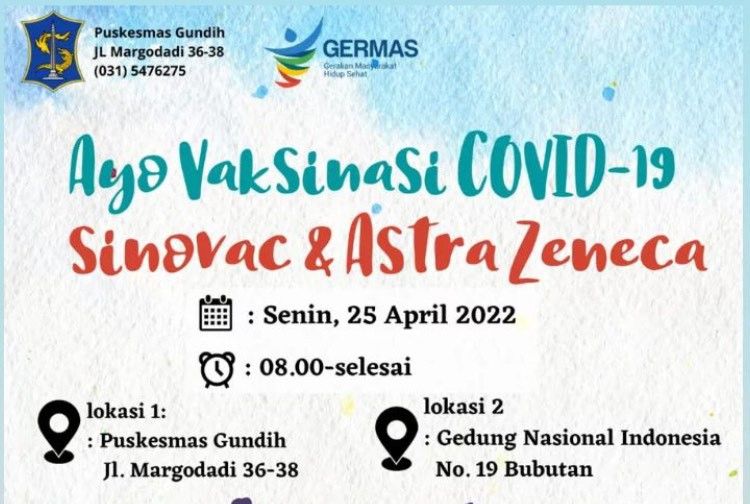 Puskesmas Gundih Surabaya mengelar vaksinasi didua tempat pada Senin, 25 April 2022. Simak syarat pendaftaran