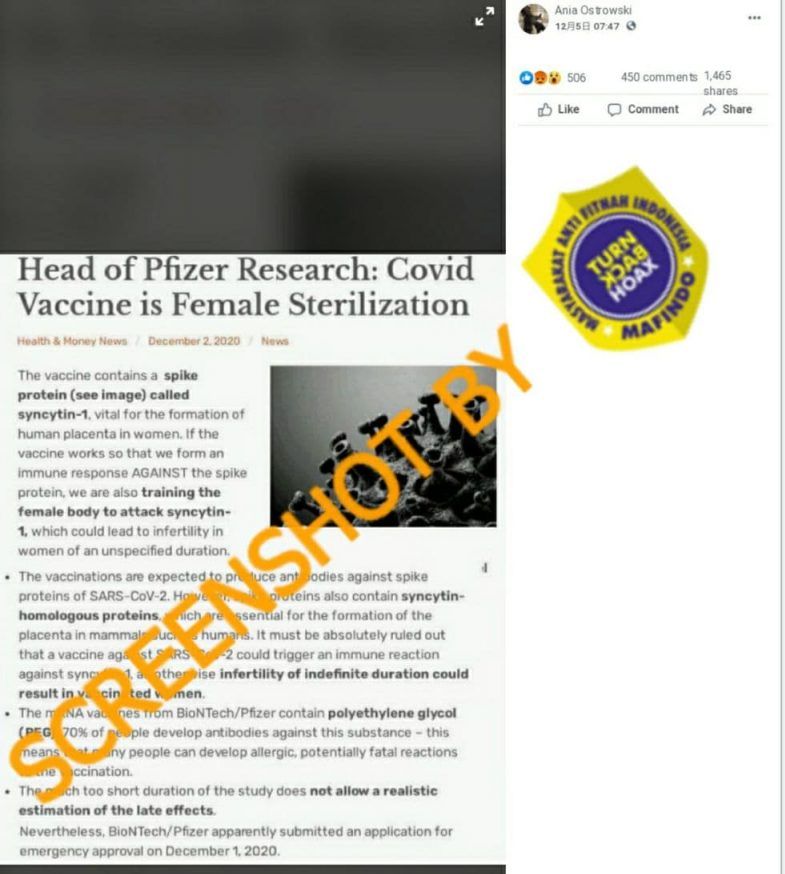 Beredar kabar di media sosial yang mengklaim bahwa vaksin Covid-19 dapat menyababkan perempuan menjadi mandul