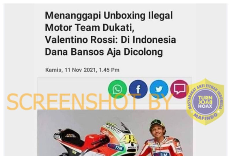 Beredar kabar yang menyebut Valentino Rossi menanggapi insiden unboxing ilegal motor Ducati di Mandalika, simak cek faktanya.