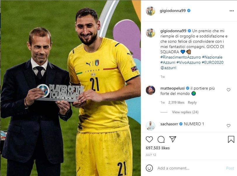 Keberhasilan Gianluigi Donnarumma menyabet penghargaan Pemain Terbaik Euro 2020 diprediksi akan menentukan nasibnya di PSG. 