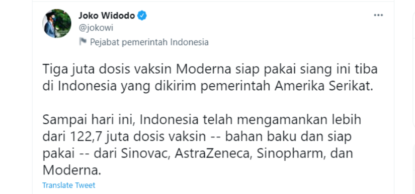Unggahan Presiden Jokowi saat menerima kiriman vaksin Covid-19 dari Amerika.