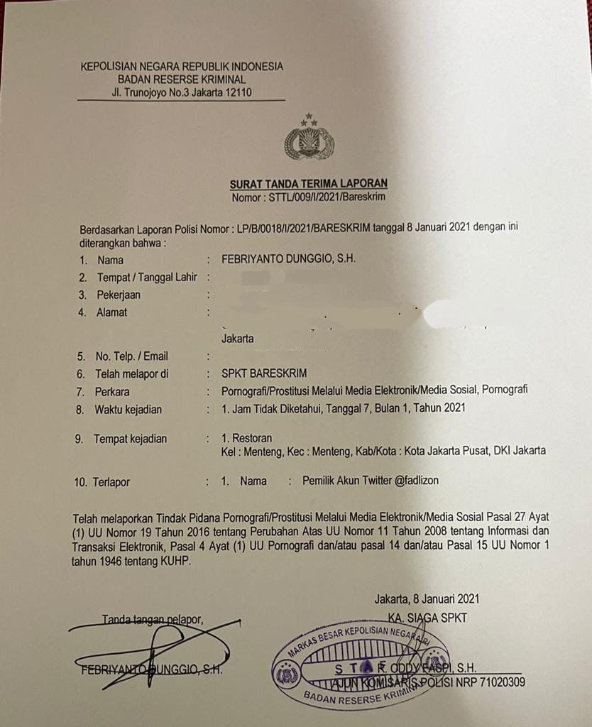 Surat pelaporan terhadpa Fadli Zon atas nama Ferbriyanto Dunggio soal konten pornografi.