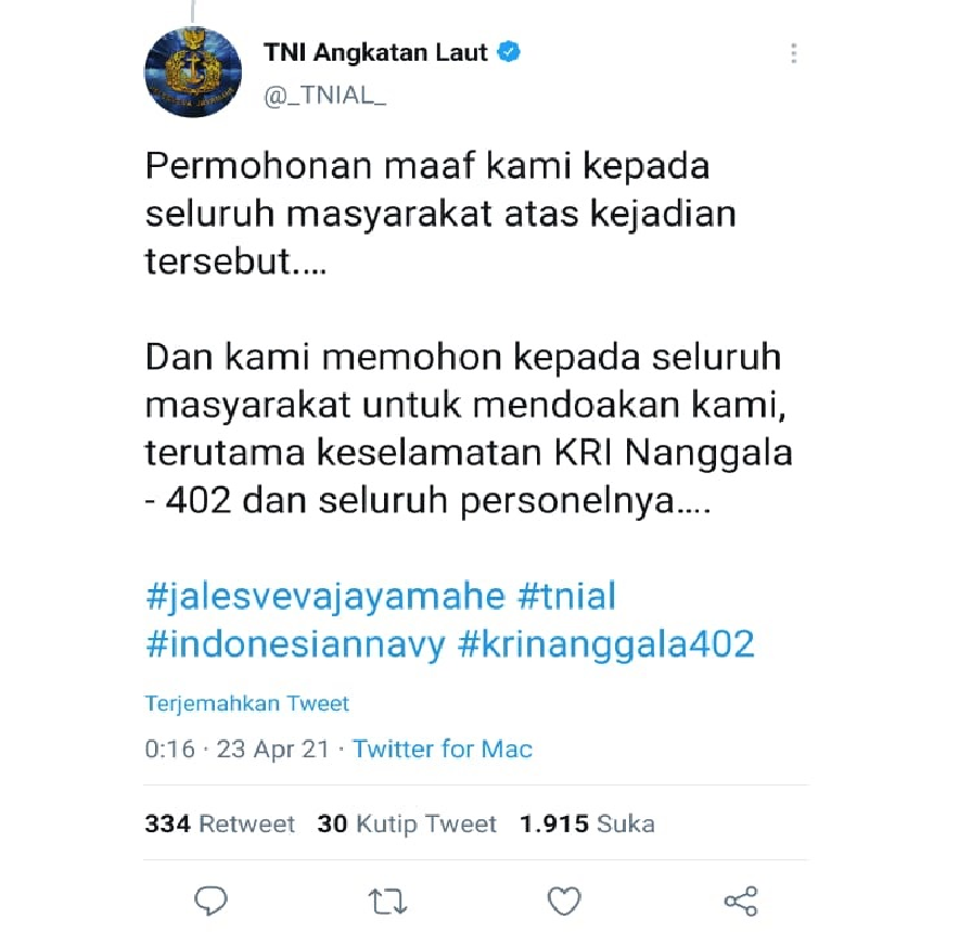 Permohonan maaf pihak TNI AL atas peristiwa hilang kontak KRI Nanggala 402.