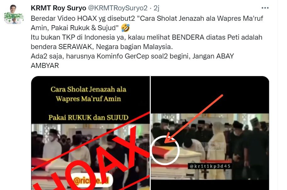 Tangkapan layar cuitan Roy Suryo soal video 'Cara Sholat Jenazah ala Wapres Ma'ruf Amin, Pakai Rukuk dan Sujud'.