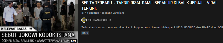 Thumbnail video klaim hoax Rizal Ramli dipenjara usai sebut Presiden Jokowi sebagai kodok istana/youtube/Gerbang Istana