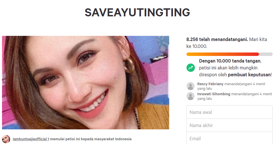 Tangkap layar petisi dukungan kepada Ayu Ting Ting.