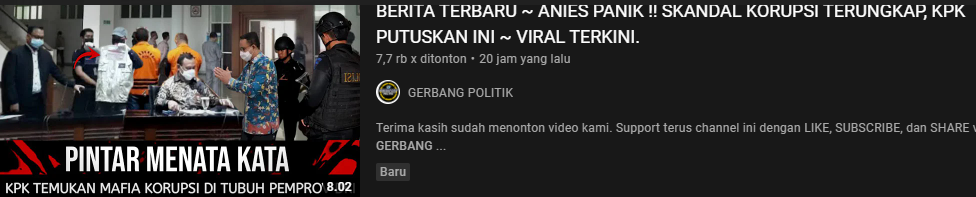 Thumbnail unggahan yang menyebut KPK menemukan mafia korupsi di tubuh Pemprov DKI Jakarta./YouTube/Gerbang Istana
