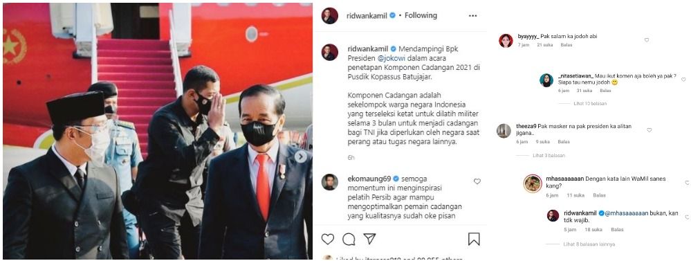 Ridwan Kamil 'pusing' menanggapi komentar netizen usai dirinya mengunggah foto saat mendampingi Jokowi menengok komponeng cadangan militer.*