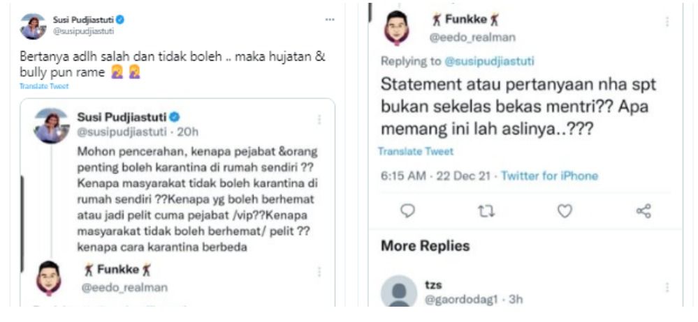 Mantan Menteri Kelautan dan Perikanan (KKP), Susi Pudjiastuti menanggapi cuitan netizen yang menyebut dirinya tidak berkelas.*