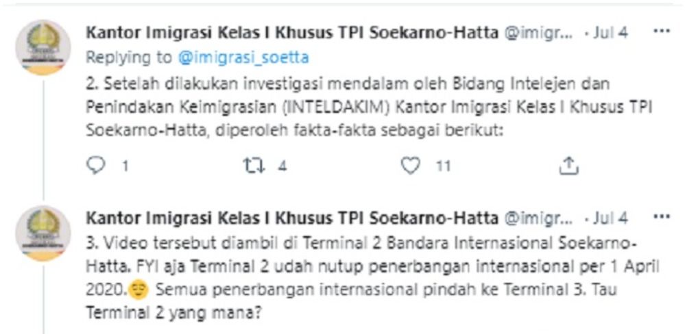 Kantor Imigrasi Kelas I Khusus TPI Soekarno-Hatta membantah video viral yang menyebut jika WNA Tiongkok tiba di Indonesia saat PPKM Darurat.*