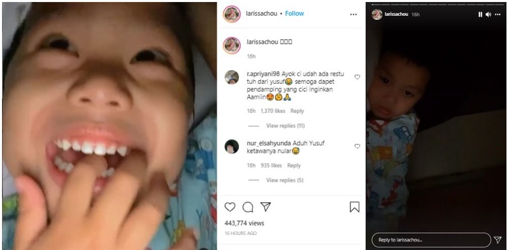 Larissa Chou mengunggah video sang anak, Yusuf, yang meminta ayah baru kepada dirinya. Mantan istri Alvin Faiz tersebut hanya tertawa.*