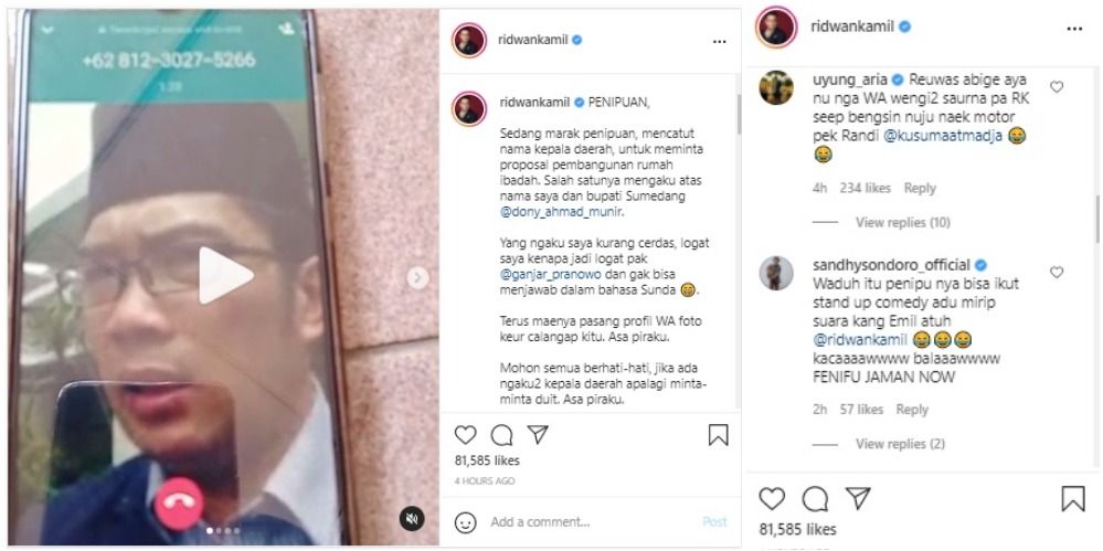 Penyanyi Shandy Sondoro menanggapi aksi pelaku penipuan yang mencatut nama Gubernur Jawa Barat, Ridwan Kamil.*