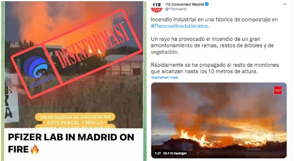 HOAKS - Beredar sebuah video di media sosial Facebook yang menyebut jika laboratorium Pfizer di Madrid terbakar.*