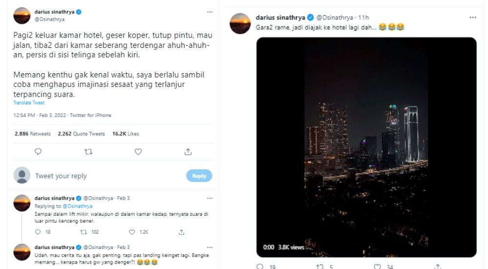 Nama Darius Sinathrya tiba-tiba trending di Twitter usai ia mencuitkan tweet dan mengaku mendengar 'suara' di hotel.*