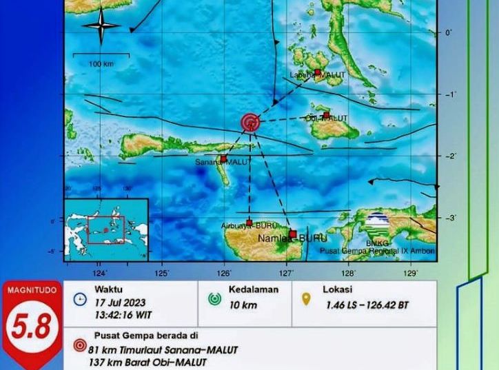 Pusat gempa bumi yang mengguncag wilayah Maluku Utara Senin 17 Juli 2023 dengan magnitudo 5.8 dipastikan tidak berpotensi tsunami.