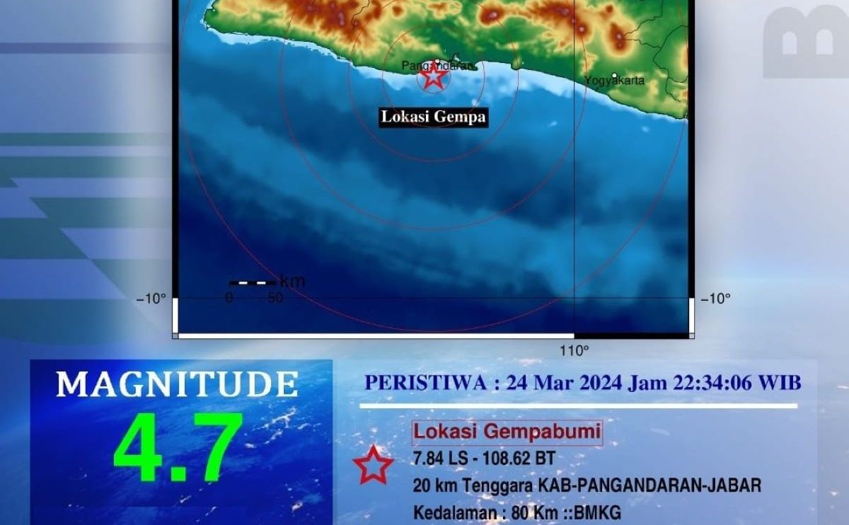 Peta pusat gempa bumi dengan magnitudo 4.7 pada 24 Maret 2024 merupakan gempa terkuat selama bulan Maret  yang melanda Kabupaten Pangandaran dan sekitarnya selama 15 kali.