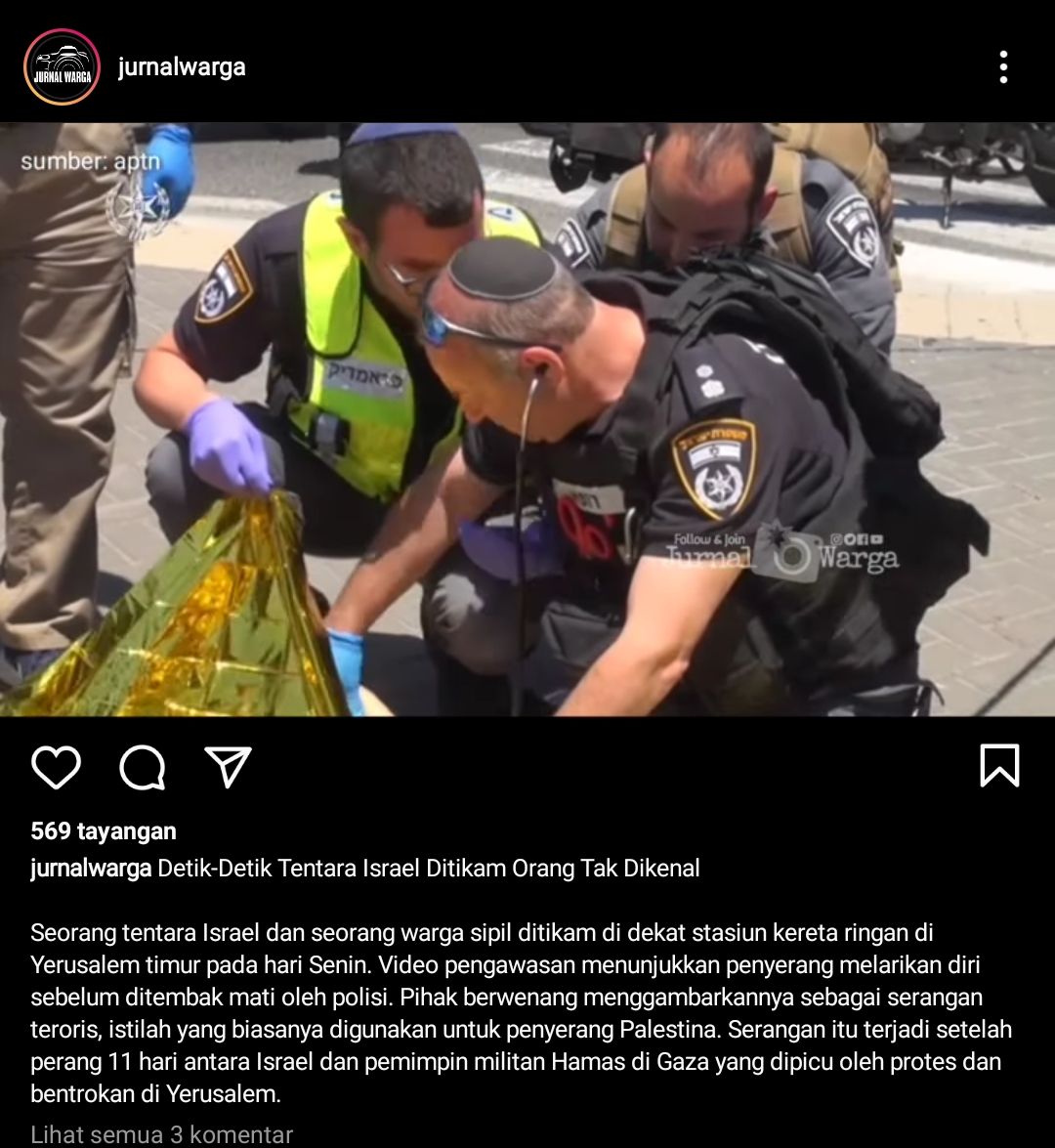 Beredar vidio di media sosial instagram yang memperlihatkan insiden penikaman yang terjadi kepada seorang tentara Israel oleh orang tak dikenal.