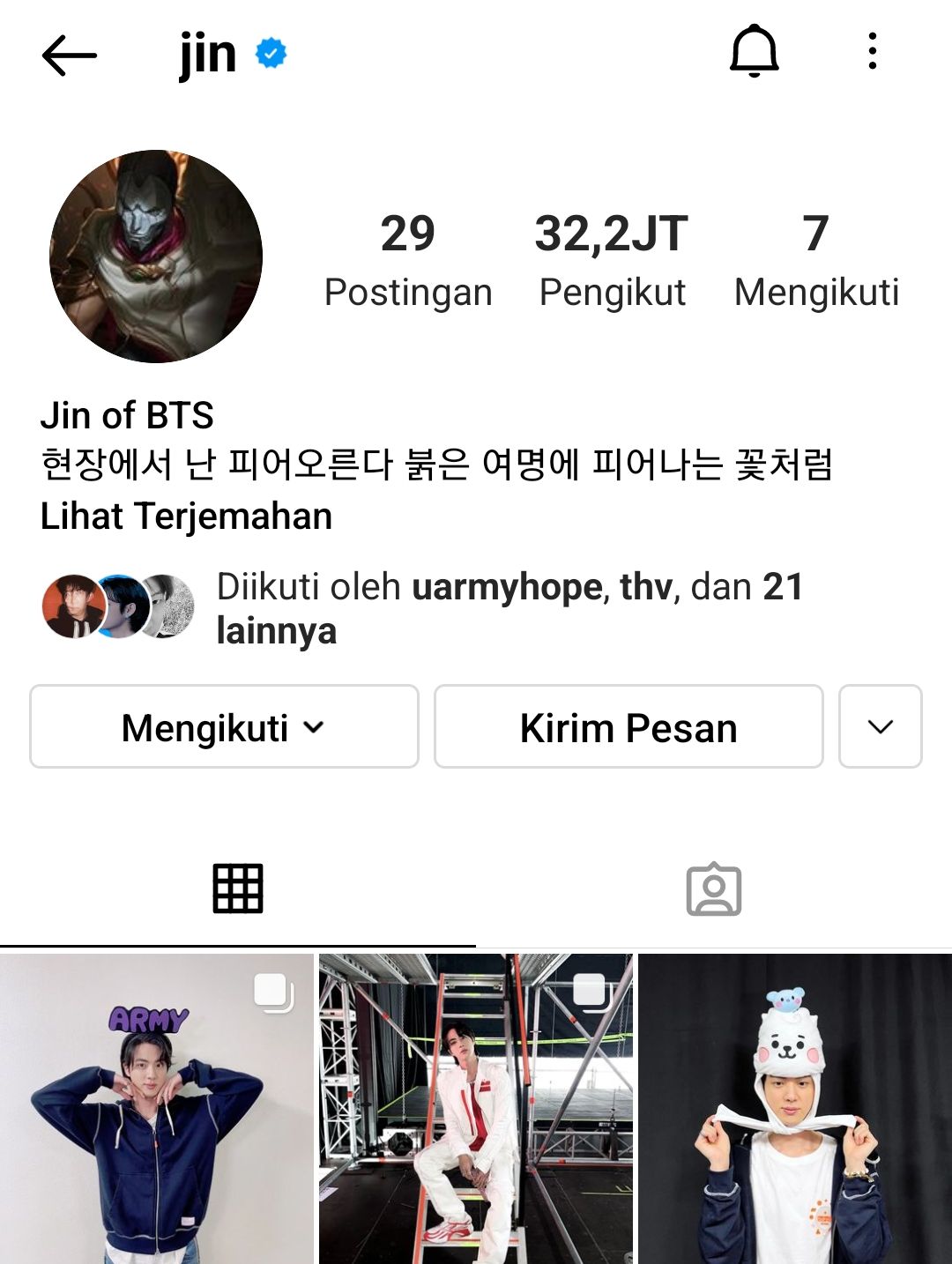 Jin BTS mengganti foto profil dengan karakter Jhin./Instagram/@jin