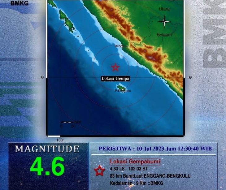 Peta pusat gempa bumi magnitudo 4.6 yang dirasakan masyarakat Kepulauan Enggano Bengkulu dan sekitarnya.