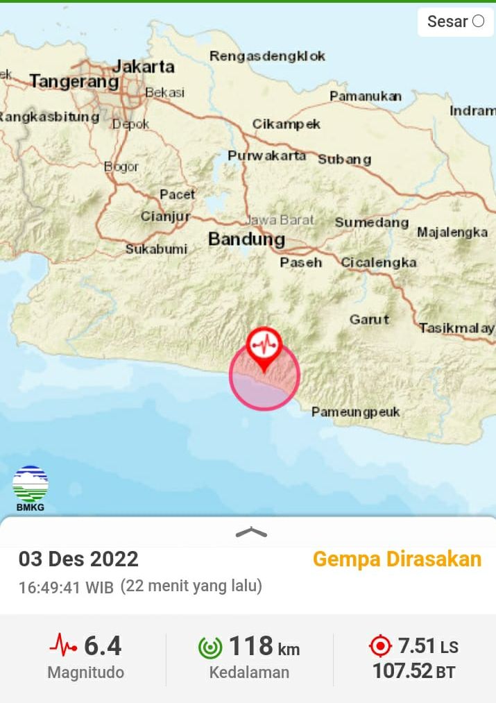 Info gempa magnitudo 6,4 di Garut-Jawa Barat, terasa hingga Bandung dan Cilacap.*