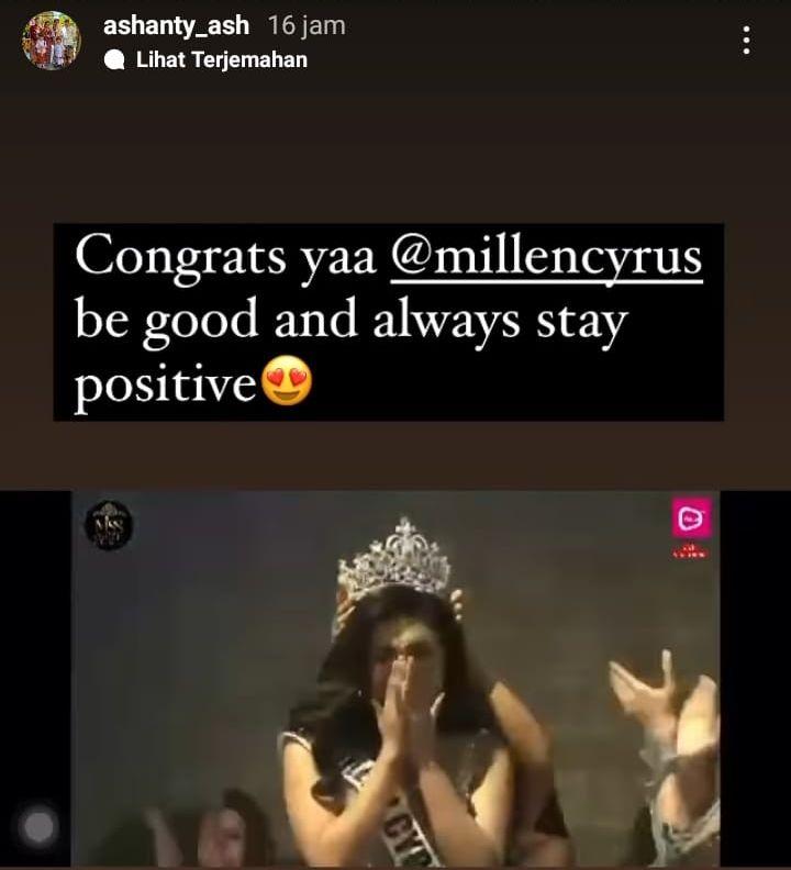 Unggahan Instagram Story Ashanty yang mengucapkan selamat kepada Millen Cyrus setelah terpilih menjadi juara Miss Queen Indonesia 2021.