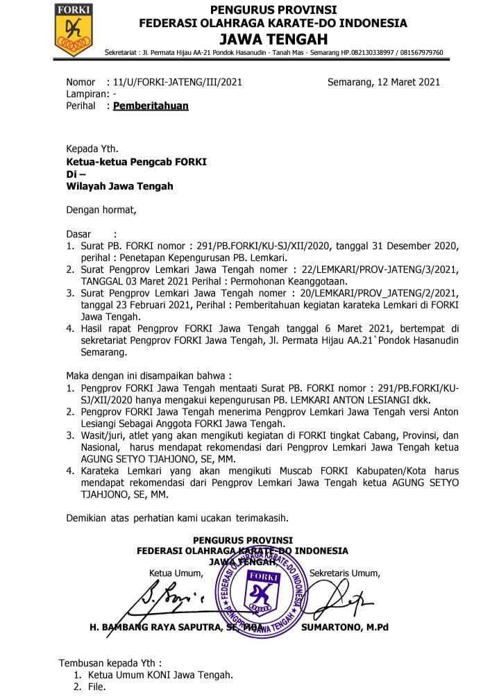 Surat yang dikeluarkan FORKI Jawa Tengah tentang anggota yang sah perguruan Karate Lemkari. 