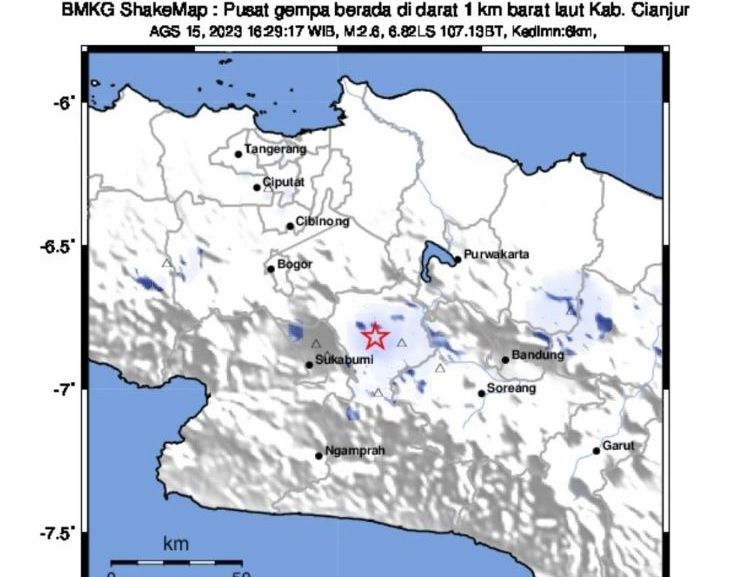 Peta pusat gempa bumi yang melanda wilayah Kabupaten  Cianjur Selasa 15 Agustus 2023.