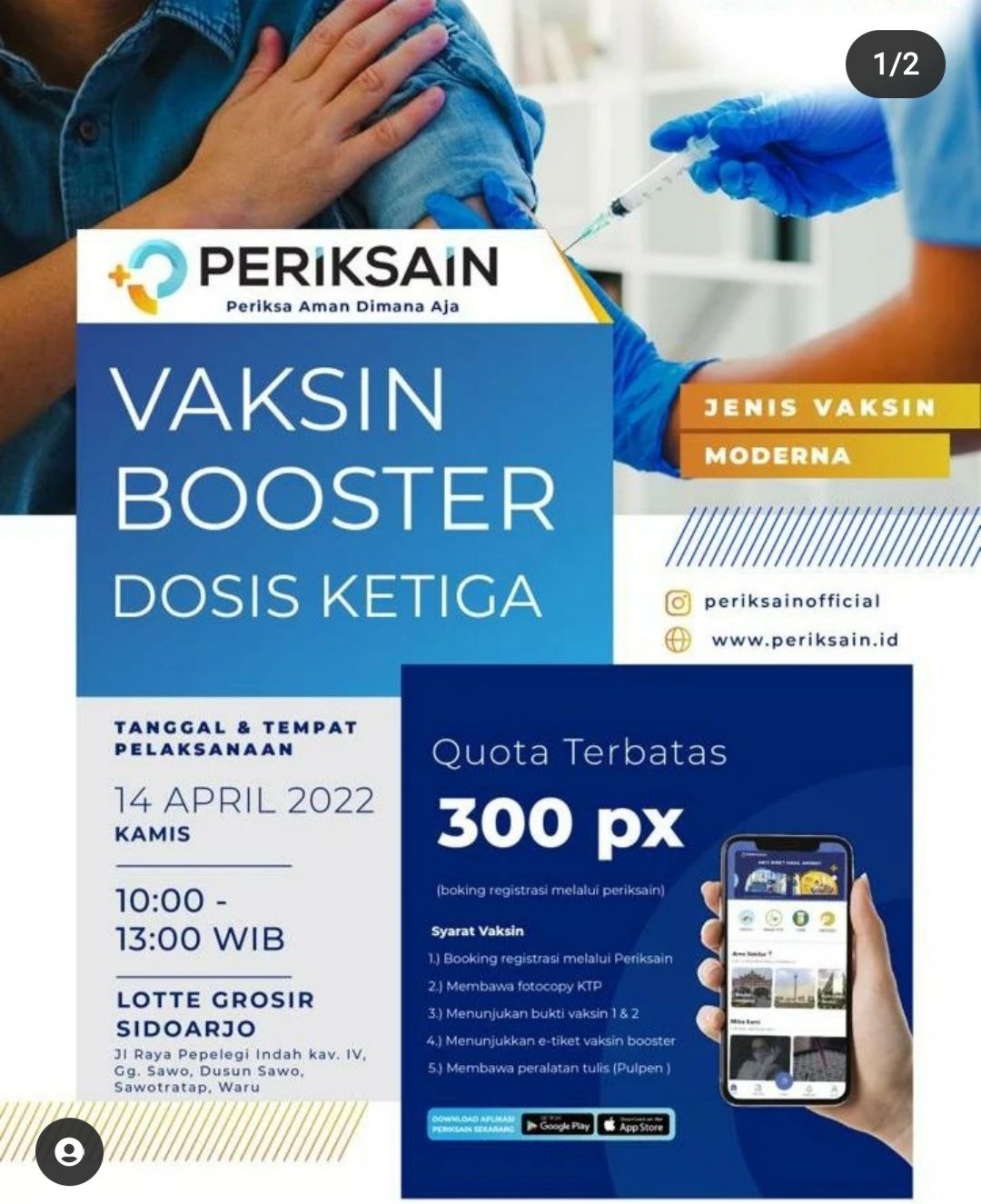 Info Vaksin Booster Moderna di Lotte Grosir Sidoarjo, Kamis 14 April 2022