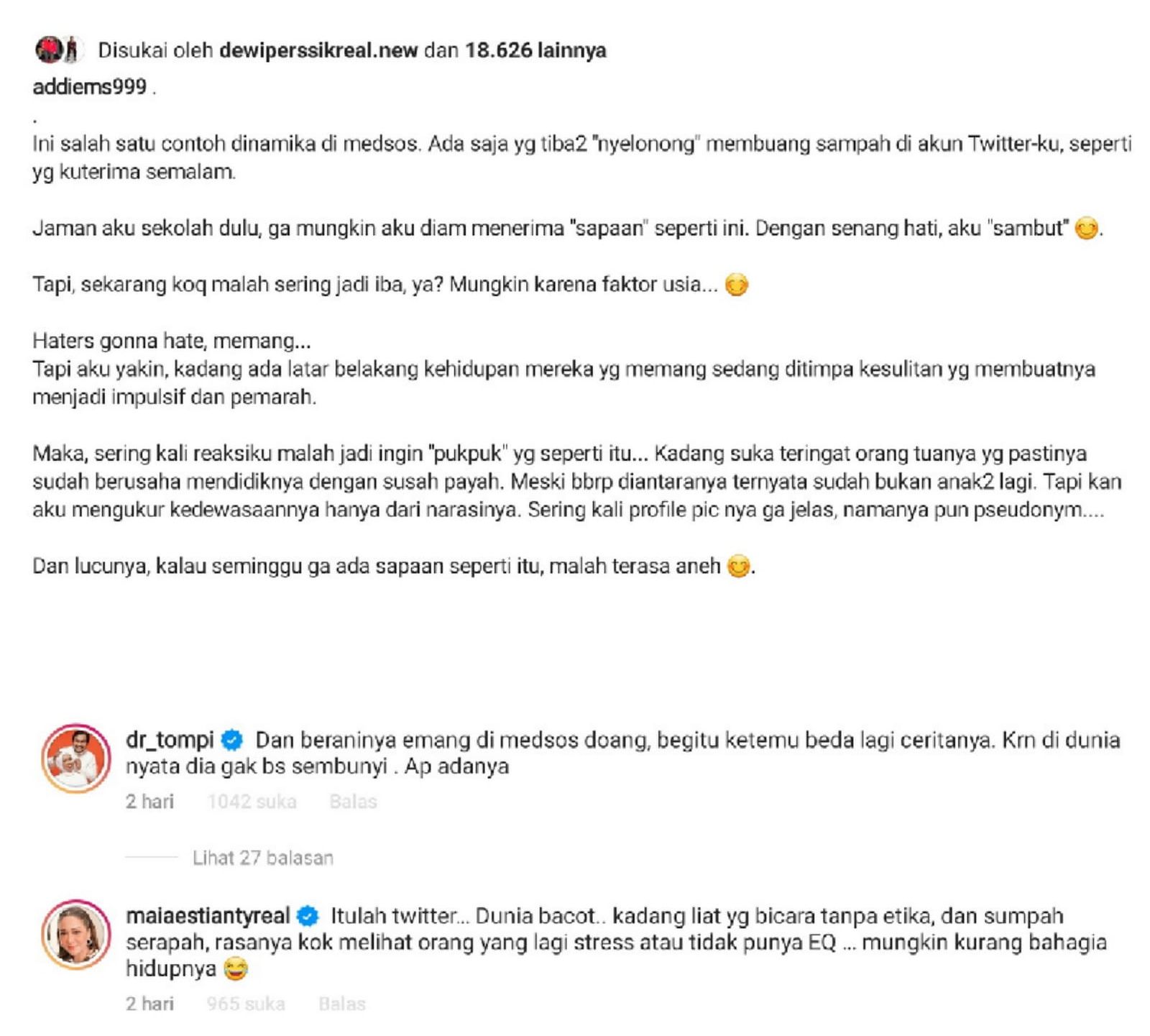Berbeda dengan sikap Addie MS yang iba saat dihujat netizen, begini tanggapan Maia Estianty dan Dokter Tompi.