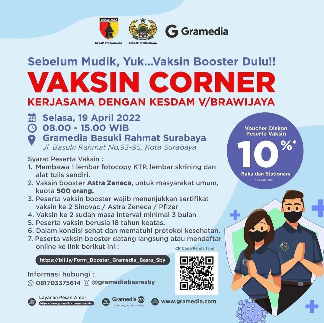 Info Vaksin Booster Astrazeneca di Gramedia Basuki Rahmat (Basra) Surabaya, Selasa 19 April 2022, bisa dapat Voucher buku 10 Persen