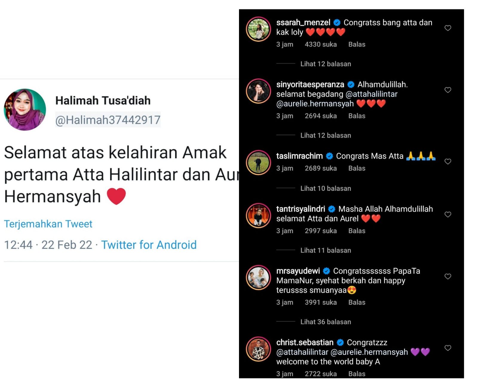 Ucapan selamat dari fans dan selebriti tanah air untuk Atta Halilintar dan Aurel Hermansyah
