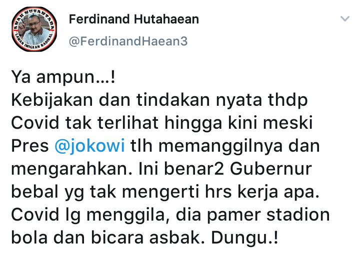 Mantan politisi Partai Demokrat Ferdinand Hutahaean mengatakan kebijakan Gubernur DKI Jakarta Anies Baswedan semakin aneh dan tidak bisa diterima.
