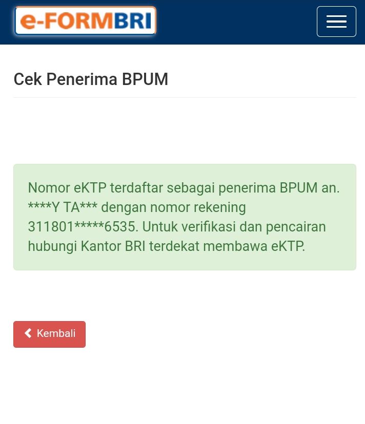 Tangkapan layar e-FORMBRI Renny Tania saat mendapat bantuan BLT UMKM
