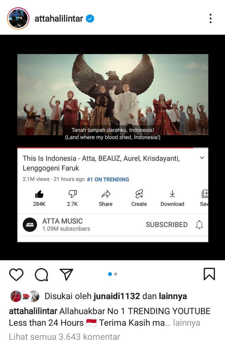 Lagu This is Indonesia Kembali Trending 1 di Youtube, Atta Halilintar: Allahu Akbar