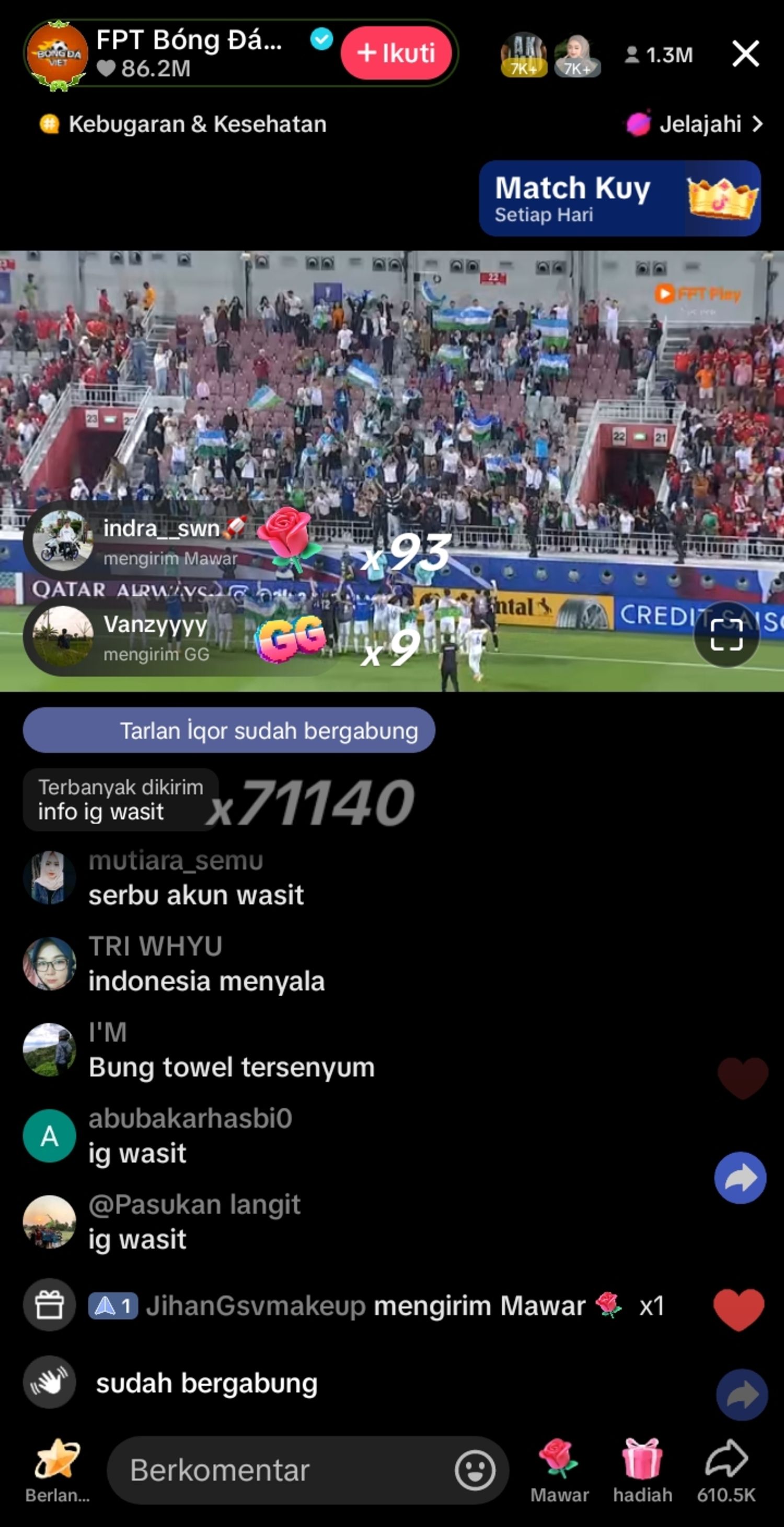 70.000 fans Indonesia mencari akun Instagram wasit selama siaran langsung pertandingan Timnas Indonesia vs Uzbekistan di TikTok @fptplay.bongdaviet.