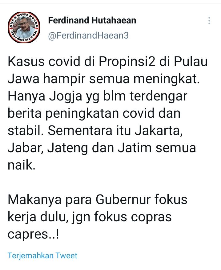 Puji Yogyakarta Terkait Covid-19, Ferdinand: Makanya Gubernur Fokus Kerja Bukan Capres