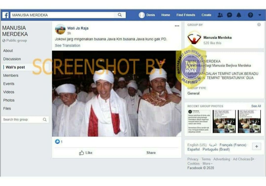 Tangkapan layar klaim tentang Joko Widodo dituding tak percaya diri gunakan pakaian adat Jawa.