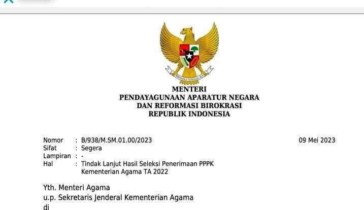 Ini Isi Surat KemenPANRB ke Kemenag soal Hasil Seleksi Penerimaan PPPK Kemenag 2022