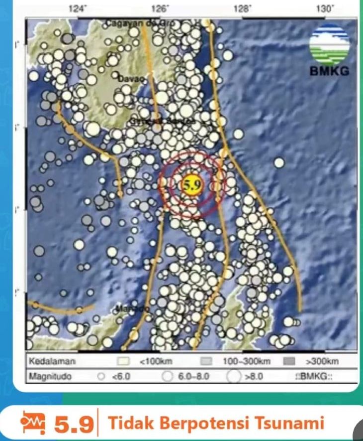 Infografis peta pusat gempa bumi magnitudo 5.9 yang berpusat di Pulau Karangtung Sulawesi Utara  Selasa 29 Agustus 2023.