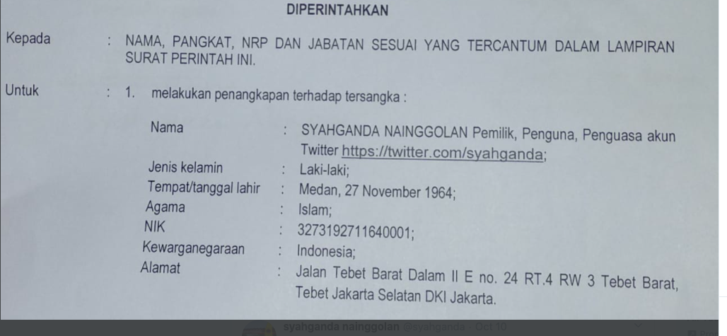 Bukti surat yang beredar terkait penangkapan Syahganda Nainggolan beredar di Twitter dan WhatsApp, 13 Oktober 2020.*