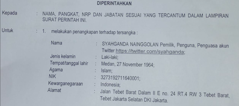 Bukti surat yang beredar terkait penangkapan Syahganda Nainggolan beredar di Twitter dan WhatsApp, 13 Oktober 2020.*